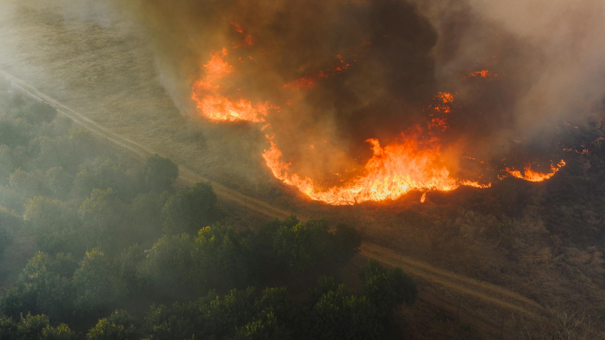 Aerial shot of a wildfire raging through a forest in Mpumalanga, South Africa.
